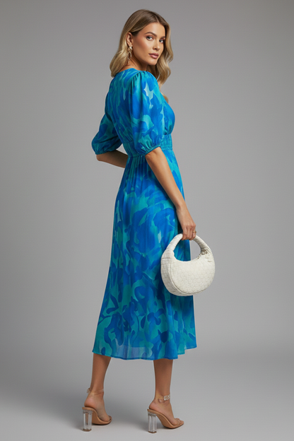 Elegant Floral Midi Dress | Women's Dress with Puff Sleeves & V-Neckline for Wedding Guests