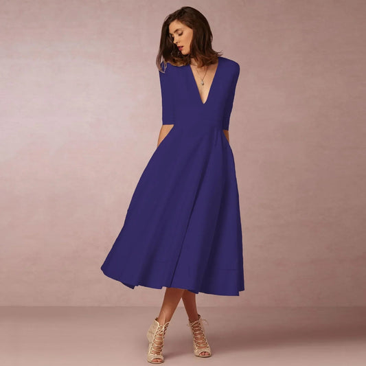 Elegant Flowing Midi Dress | Women's Dress with Deep V Neckline | Lightweight Fabric for Effortless Summer Style
