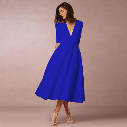 Elegant Flowing Midi Dress | Women's Dress with Deep V Neckline | Lightweight Fabric for Effortless Summer Style