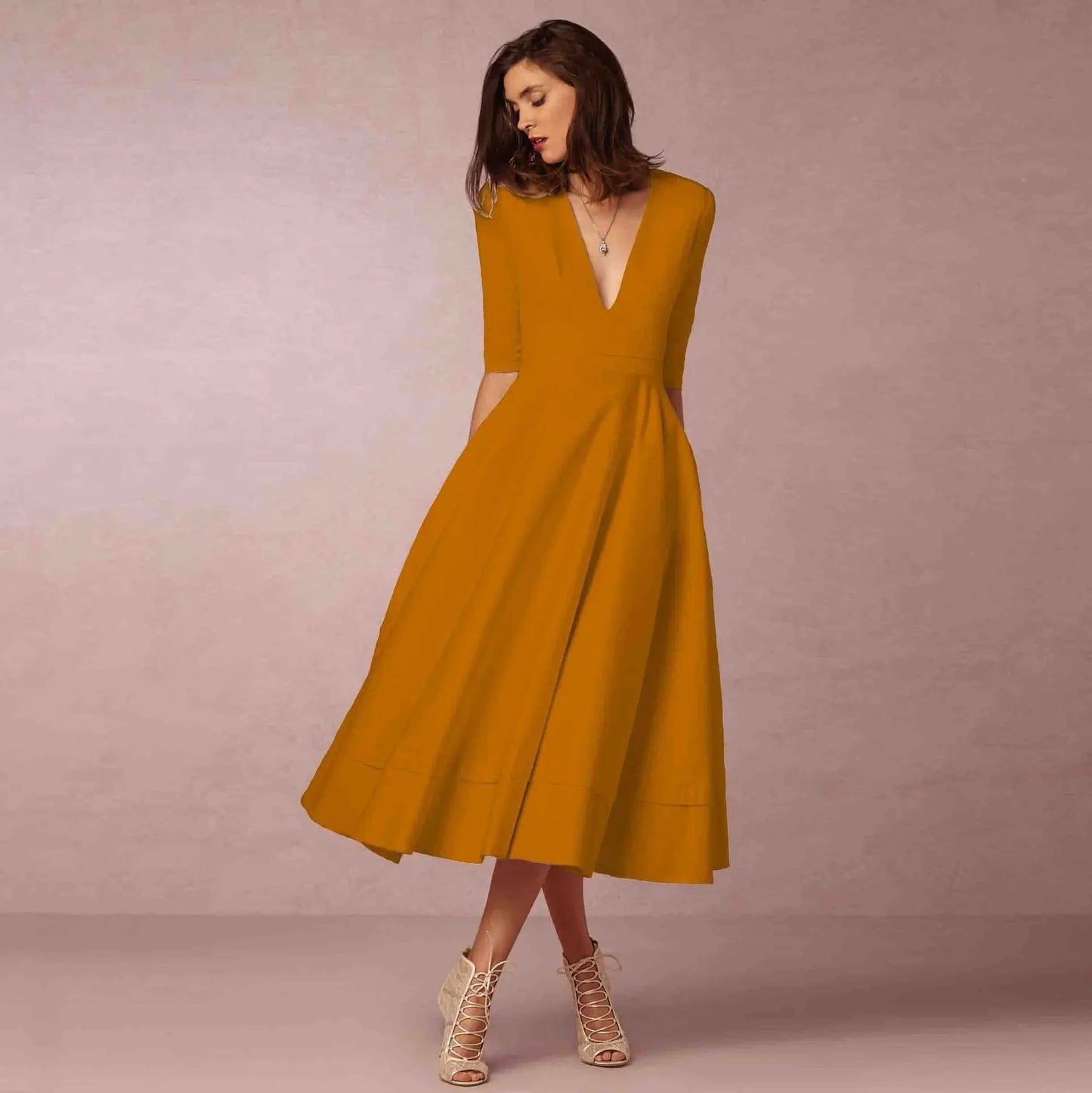 Elegant Flowing Midi Dress | Women's Dress with Deep V Neckline | Lightweight Fabric for Effortless Summer Style