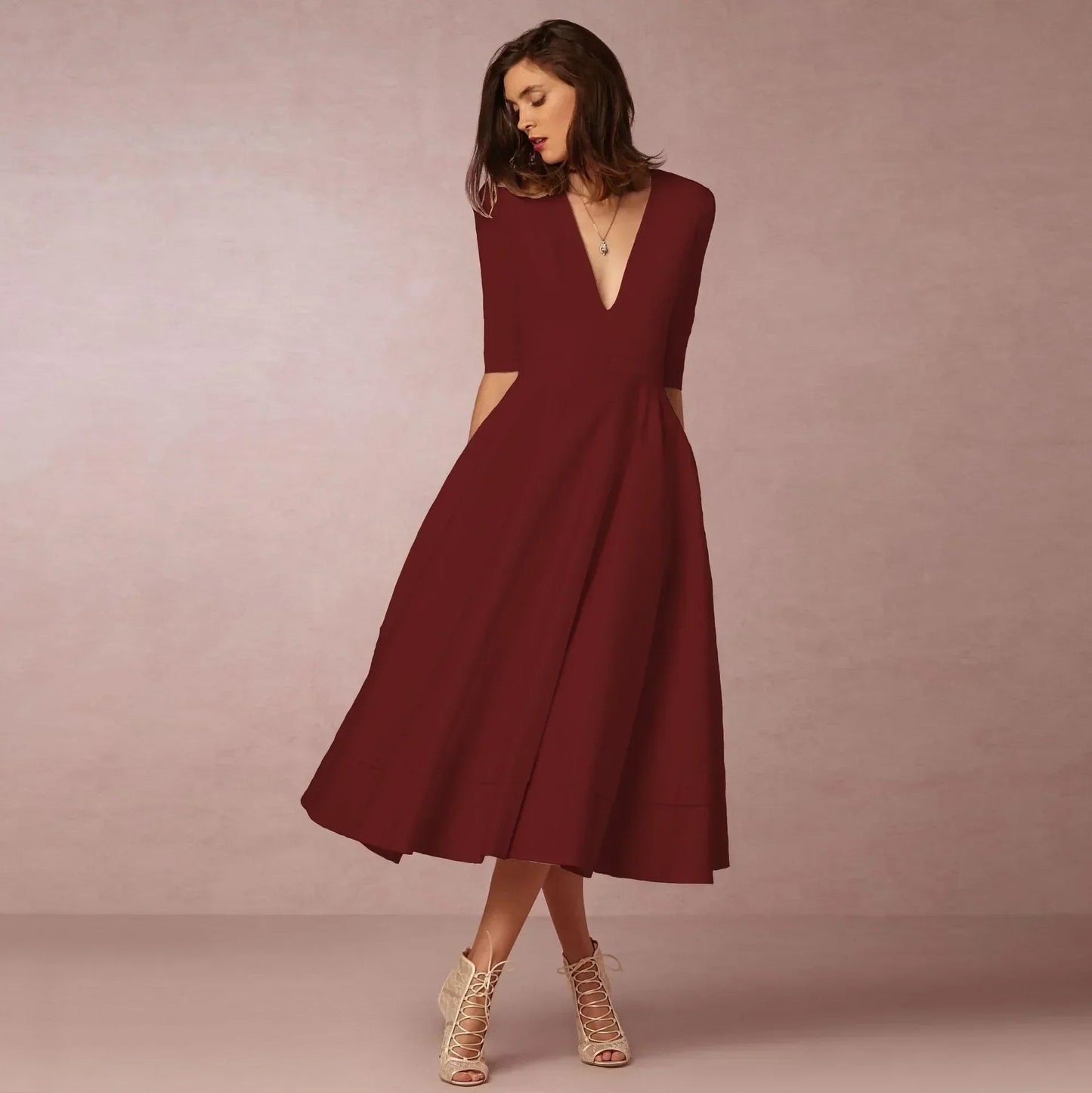 Elegant Flowing Midi Dress | Women's Dress with Deep V Neckline | Lightweight Fabric for Effortless Summer Style