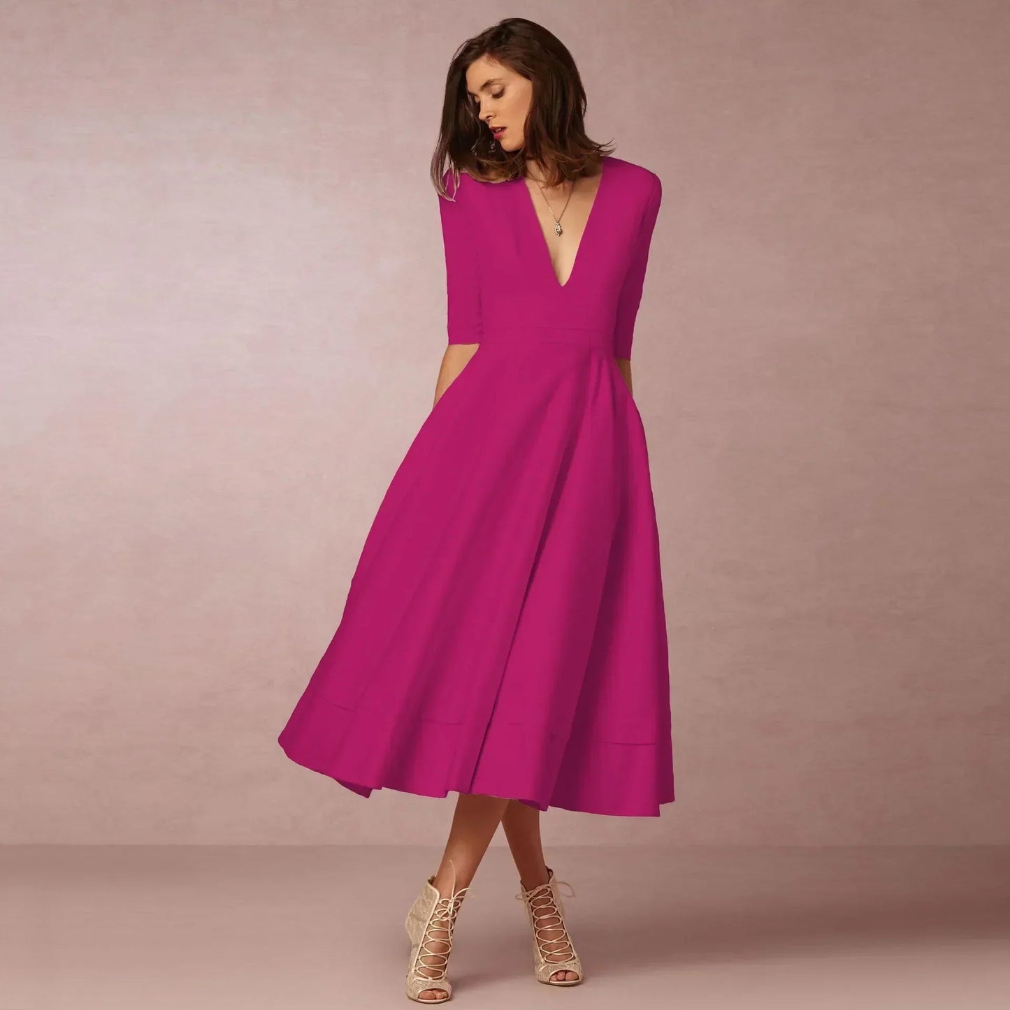Elegant Flowing Midi Dress | Women's Dress with Deep V Neckline | Lightweight Fabric for Effortless Summer Style
