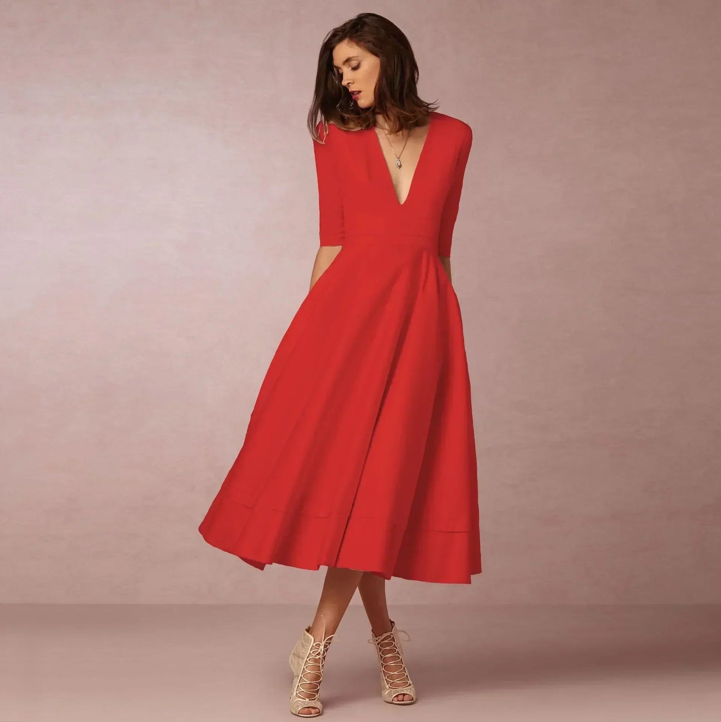 Elegant Flowing Midi Dress | Women's Dress with Deep V Neckline | Lightweight Fabric for Effortless Summer Style