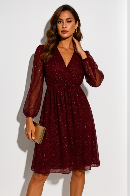 Elegant Glitter Mini Dress | Women's Cocktail Dress with Wrap V-Neckline | Perfect for Celebrations and Chic Events