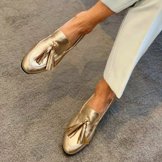 Elegant Gold Loafers for Women with Decorative Tassels | Chic Style for Effortless Elegance