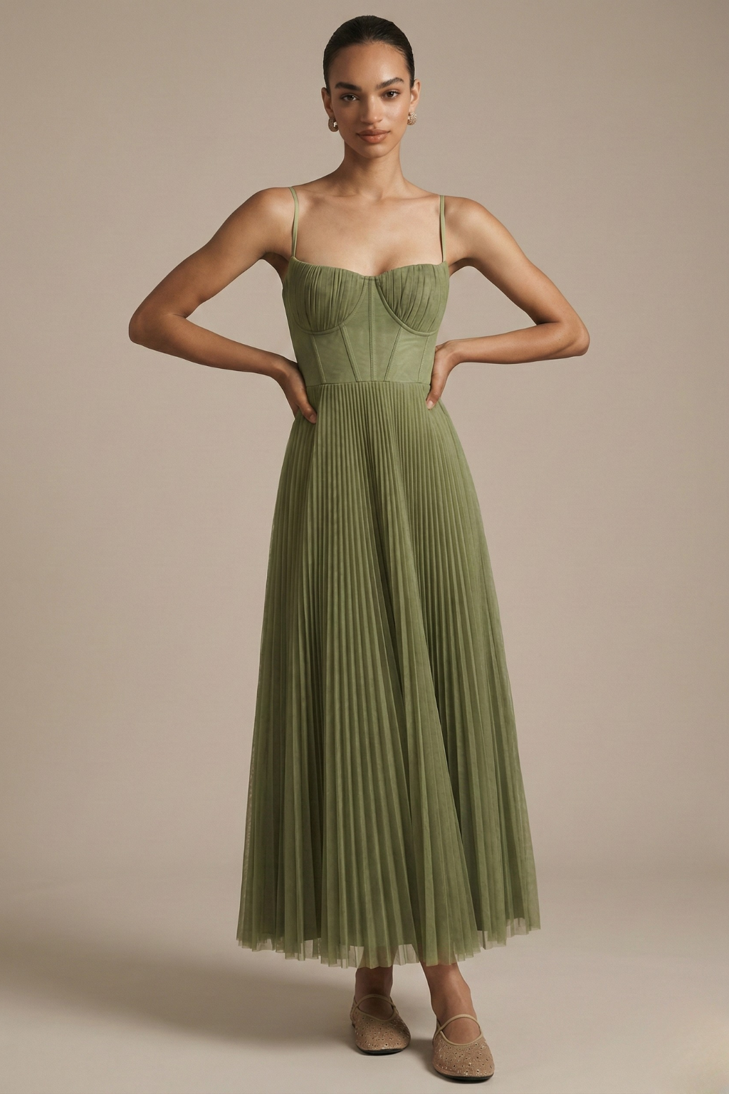 Elegant Green Midi Dress | Women's Dress with Sculpted Bodice & Flowing Skirt | Perfect for Wedding Guests and Formal Events