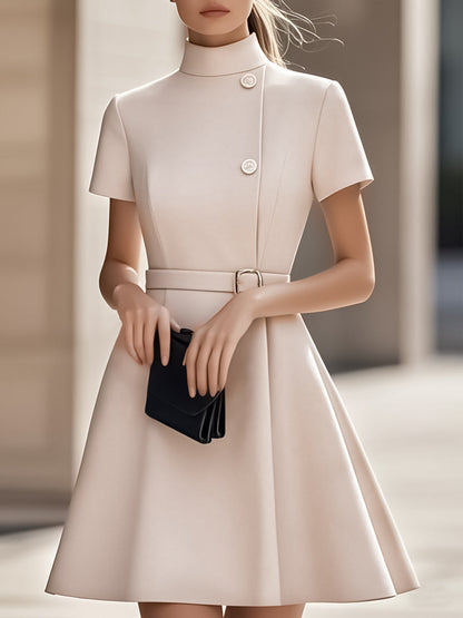 Elegant High-Neck Women's Dress with Belted Waist | Timeless Midi Style for Effortless Elegance