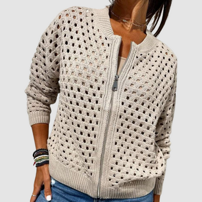 Elegant Knit Cardigan Sweater with Zip-Front Design | Openwork Pattern for Effortless Layering