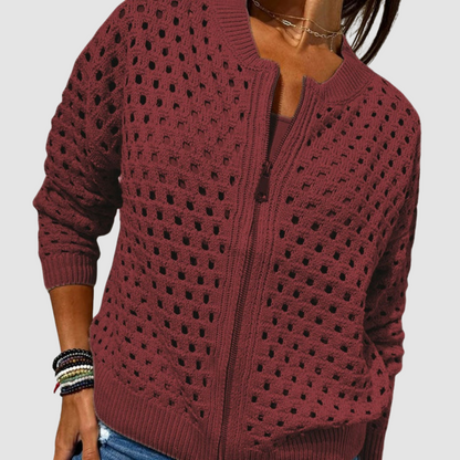 Elegant Knit Cardigan Sweater with Zip-Front Design | Openwork Pattern for Effortless Layering