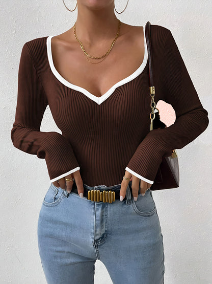 Elegant Knit Sweater | Women's Sweater with Contrast Trim & Ribbed Design for Stylish Warmth