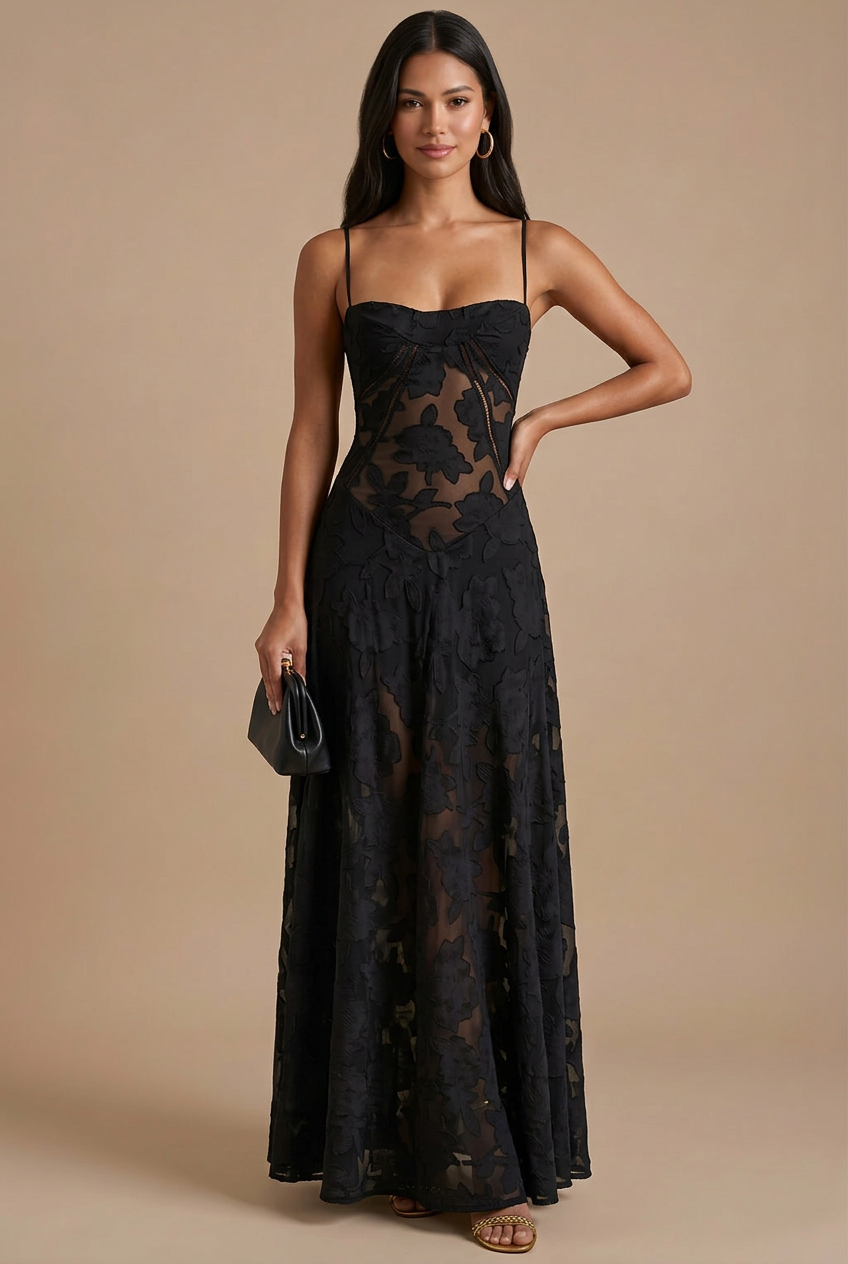 Elegant Lace Maxi Dress | Women's Dress with Spaghetti Straps & Corset Back for Timeless Style