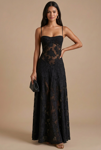Elegant Lace Maxi Dress | Women's Dress with Spaghetti Straps & Corset Back for Timeless Style