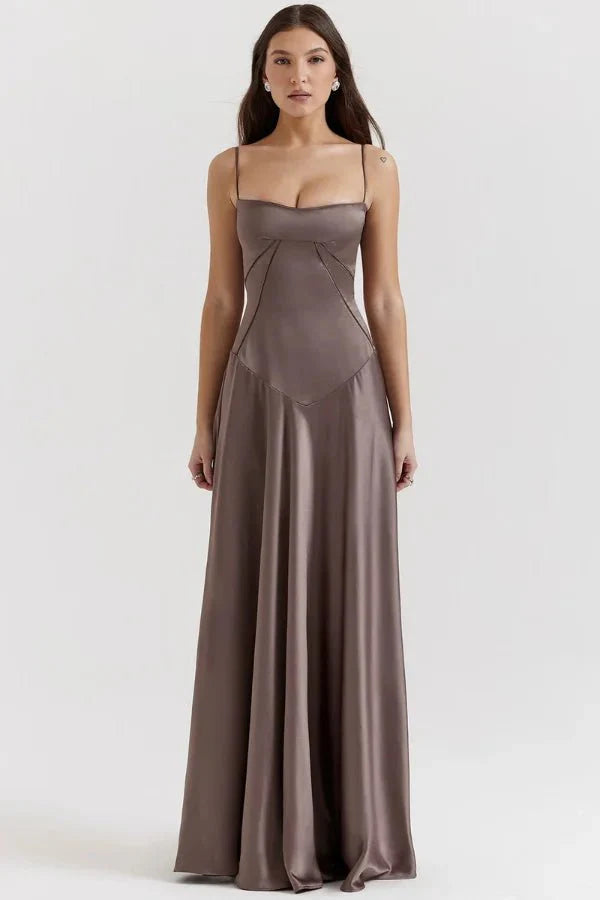 Elegant Maxi Dress | Women's Satin Square Neck Design with Corset Bodice | Perfect for Formal Events