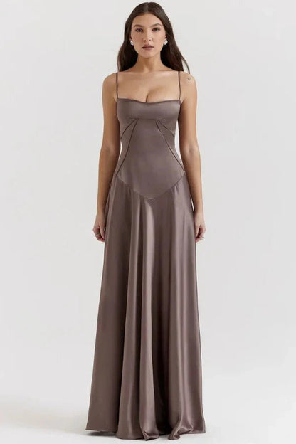 Elegant Maxi Dress | Women's Satin Square Neck Design with Corset Bodice | Perfect for Formal Events