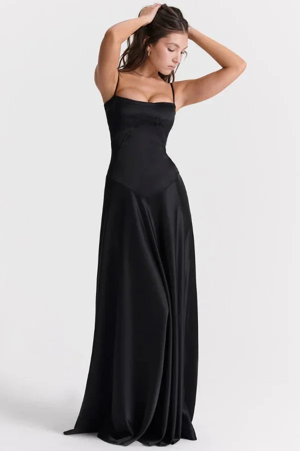Elegant Maxi Dress | Women's Satin Square Neck Design with Corset Bodice | Perfect for Formal Events