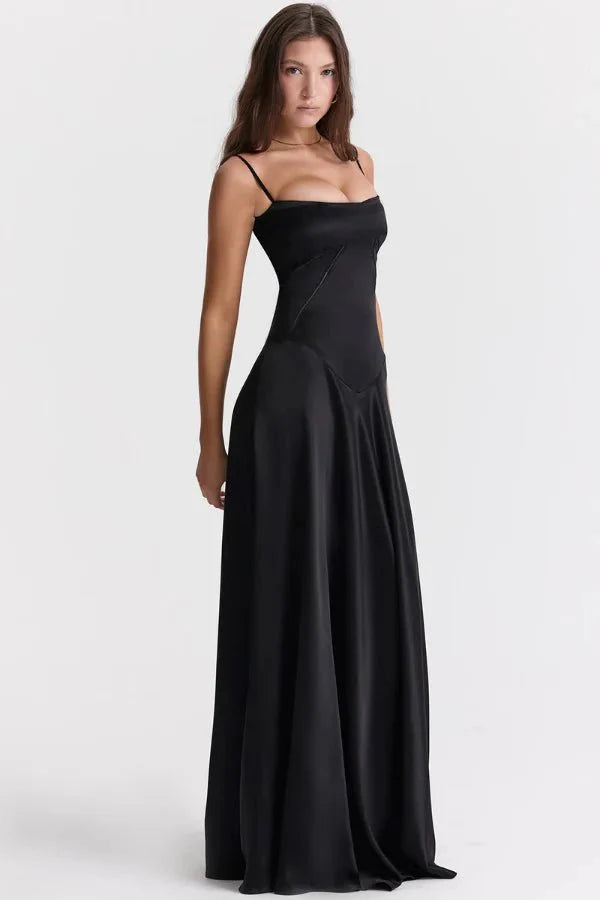 Elegant Maxi Dress | Women's Satin Square Neck Design with Corset Bodice | Perfect for Formal Events