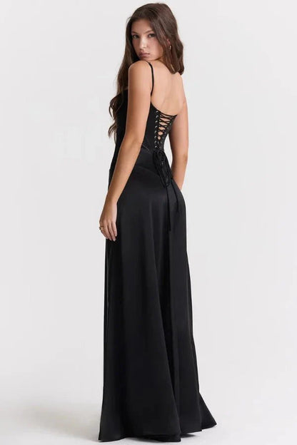 Elegant Maxi Dress | Women's Satin Square Neck Design with Corset Bodice | Perfect for Formal Events