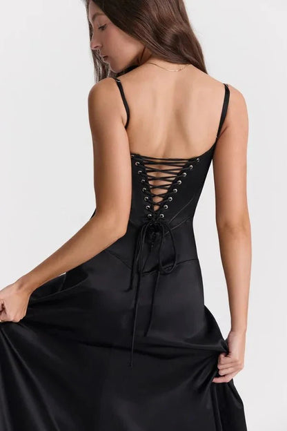 Elegant Maxi Dress | Women's Satin Square Neck Design with Corset Bodice | Perfect for Formal Events