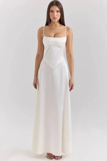 Elegant Maxi Dress | Women's Satin Square Neck Design with Corset Bodice | Perfect for Formal Events