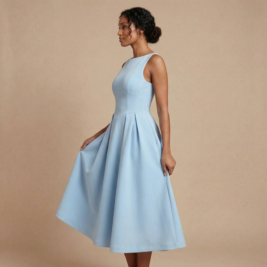 Elegant Midi Dress | Women's Cocktail Dress with Sleeveless Boat Neck Design | Flattering A-Line Skirt for Effortless Style