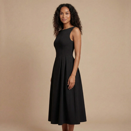 Elegant Midi Dress | Women's Cocktail Dress with Sleeveless Boat Neck Design | Flattering A-Line Skirt for Effortless Style