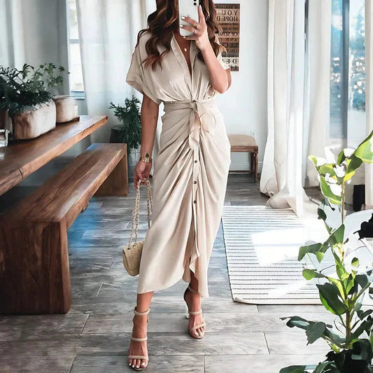 Elegant Midi Dress | Women's Dress with Collared V Neck & Ruched Front | Versatile Style for Any Occasion