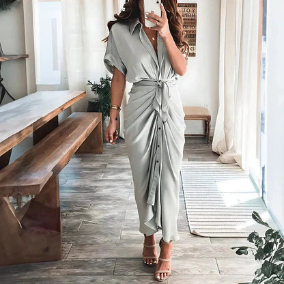 Elegant Midi Dress | Women's Dress with Collared V Neck & Ruched Front | Versatile Style for Any Occasion