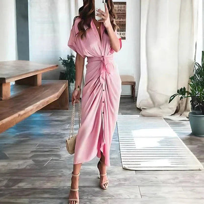 Elegant Midi Dress | Women's Dress with Collared V Neck & Ruched Front | Versatile Style for Any Occasion