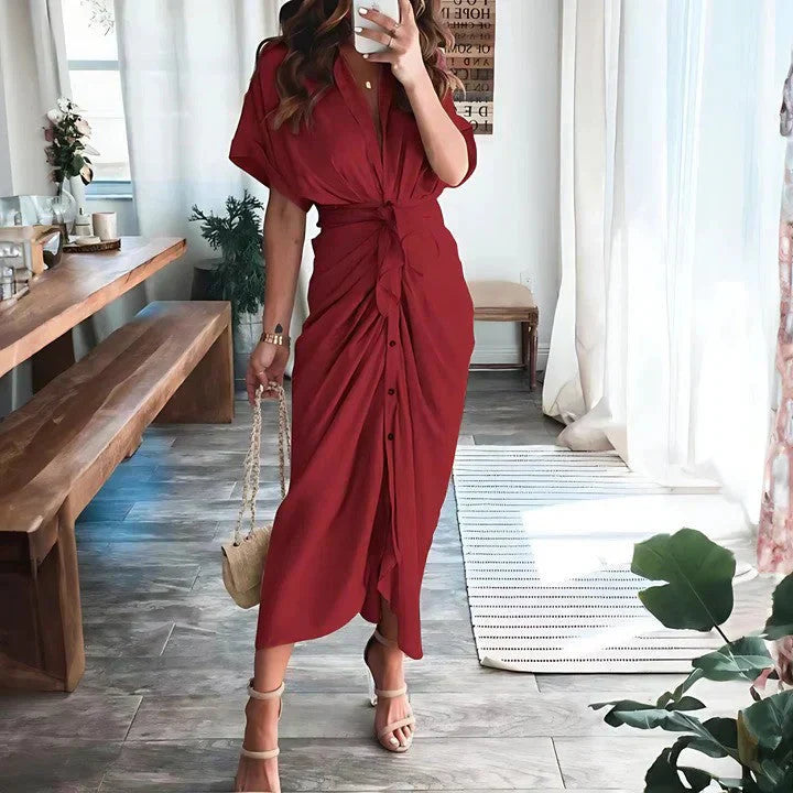 Elegant Midi Dress | Women's Dress with Collared V Neck & Ruched Front | Versatile Style for Any Occasion