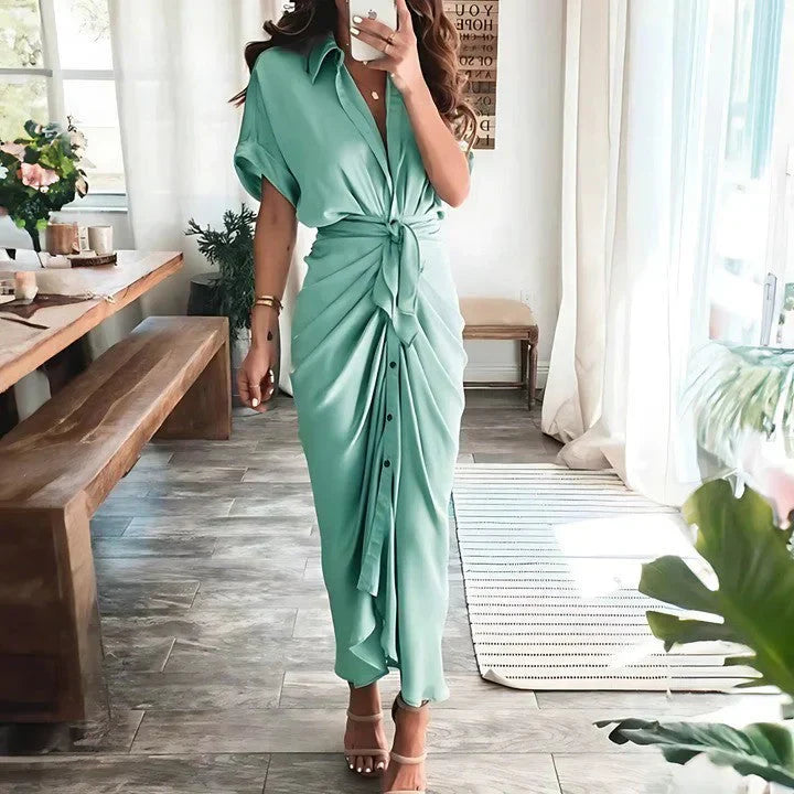 Elegant Midi Dress | Women's Dress with Collared V Neck & Ruched Front | Versatile Style for Any Occasion