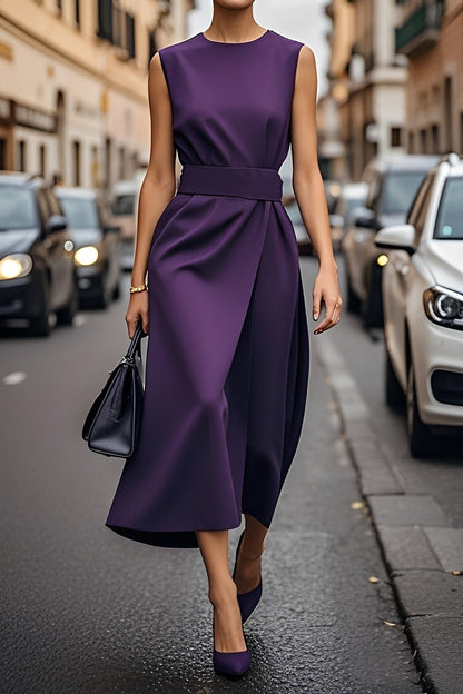 Elegant Midi Dress | Women's Dress with Sleeveless Design & Waist Belt for Timeless Style