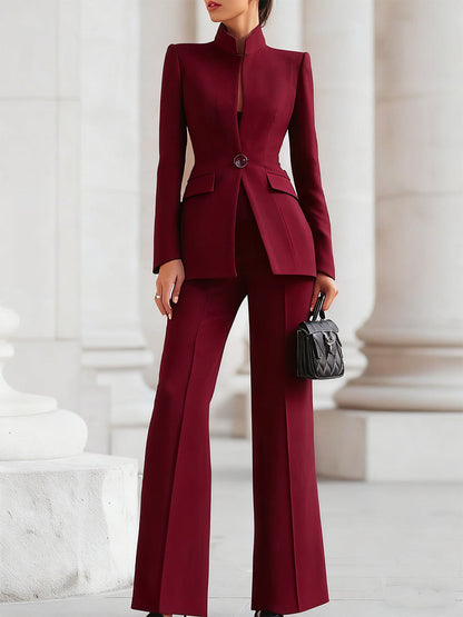 Elegant Navy Pantsuit | Dressy Pant Suits for Women with High-Collar Blazer & Wide-Leg Trousers for Empowering Style