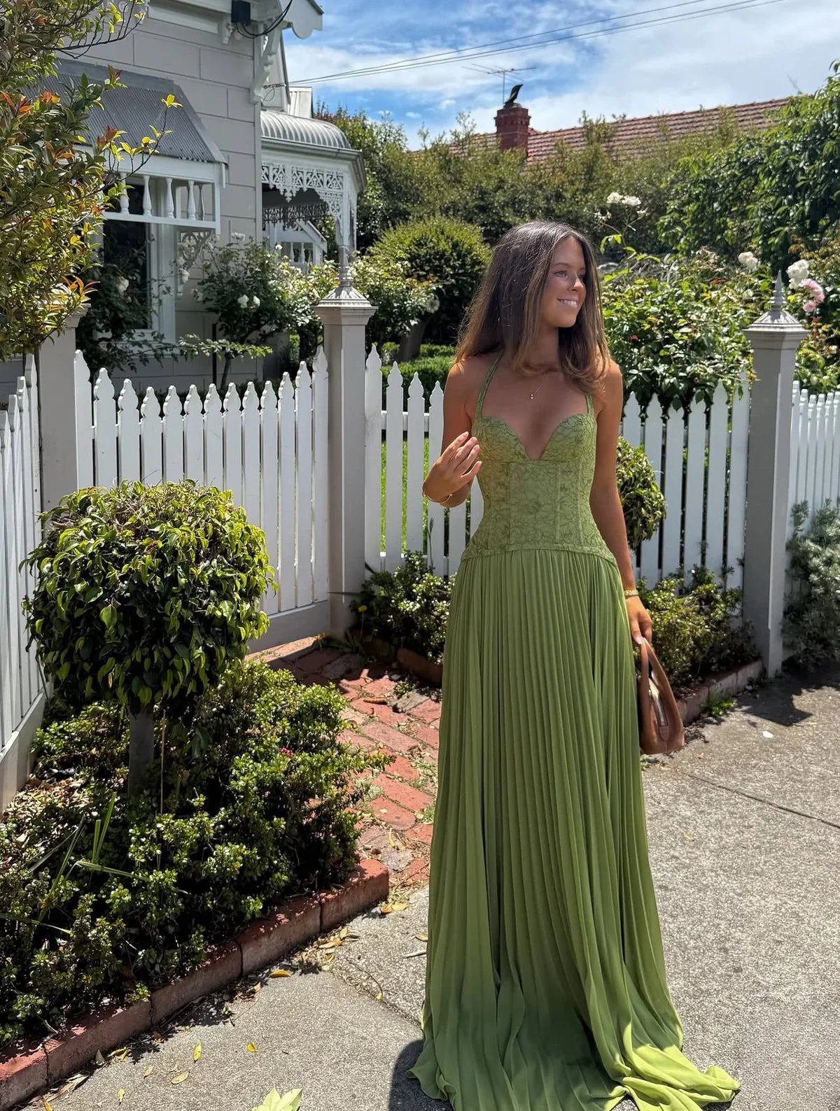 Elegant Pleated Maxi Dress with Structured Corset Design | White Long Dress for Sophisticated Summer Events