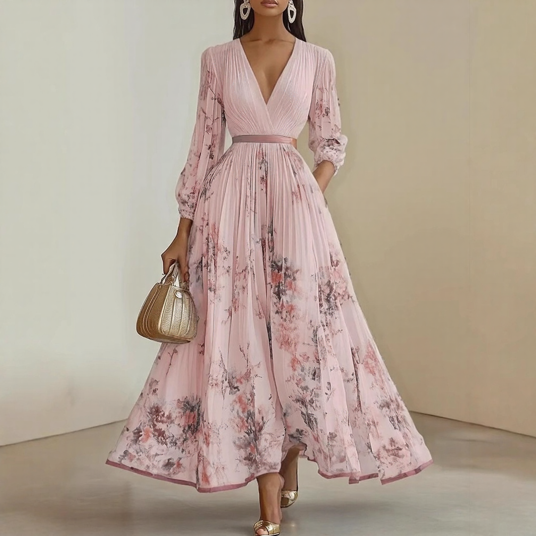 Elegant Pleated Maxi Summer Dress with V Neck & Adjustable Waist | Lightweight Fabric for Effortless Style