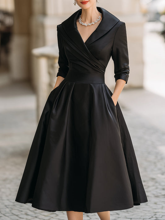 Elegant Satin Midi Dress | Women's Dress with Draped Collar & Side Pockets | Timeless Style for Wedding Guests and Cocktail Events
