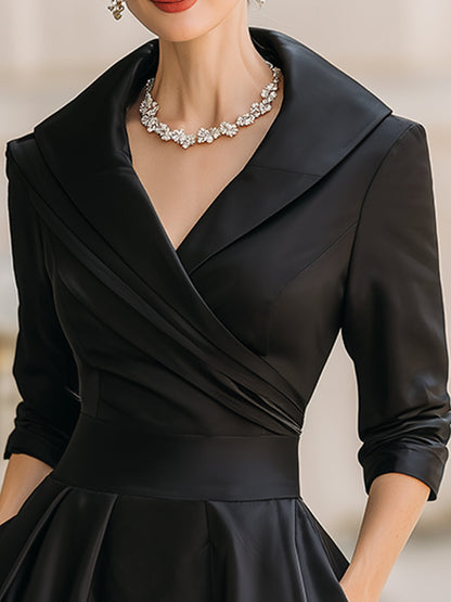Elegant Satin Midi Dress | Women's Dress with Draped Collar & Side Pockets | Timeless Style for Wedding Guests and Cocktail Events
