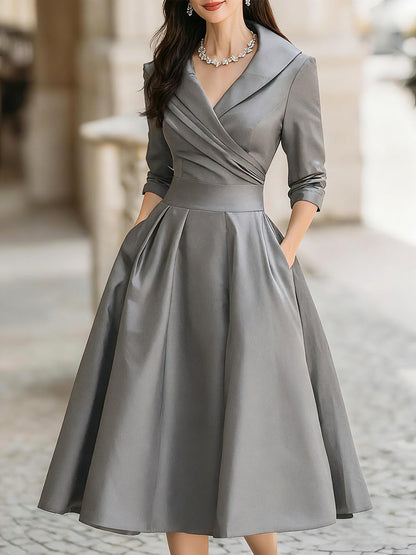 Elegant Satin Midi Dress | Women's Dress with Draped Collar & Side Pockets | Timeless Style for Wedding Guests and Cocktail Events