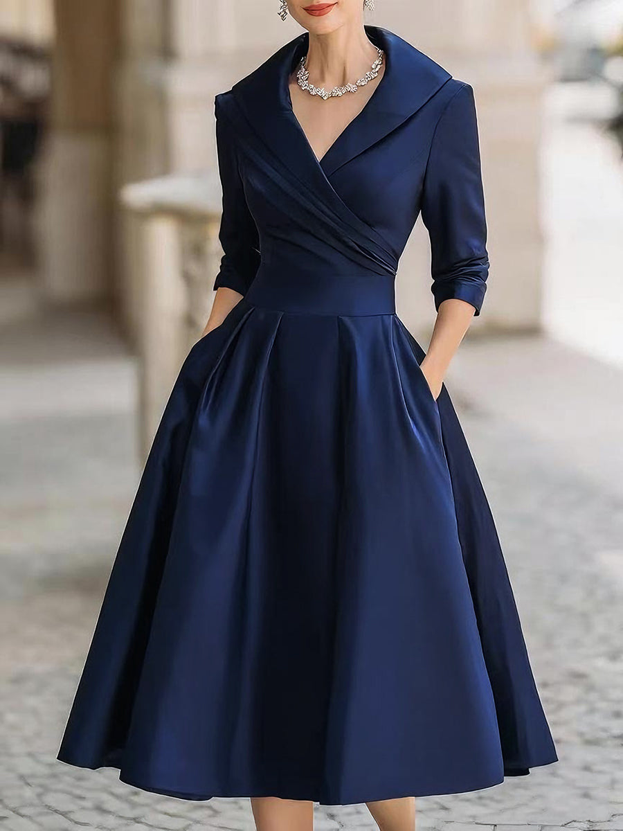 Elegant Satin Midi Dress | Women's Dress with Draped Collar & Side Pockets | Timeless Style for Wedding Guests and Cocktail Events