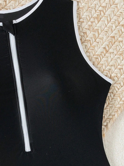 Elegant Series | Black One Piece Swimsuit with High Neck & Adjustable Zipper | Sporty Bathing Suit for Confidence