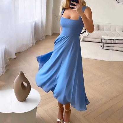 Elegant Square Midi Dress | Women's Wedding Guest Dress with Flattering Silhouette for Summer Celebrations