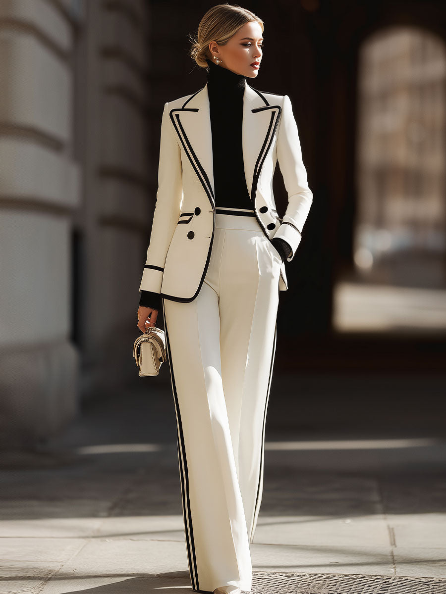 Elegant Suit Set | Double-Breasted Blazer with Contrast Trim | Chic Wide-Leg Trousers for Timeless Sophistication