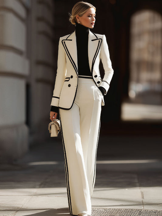 Elegant Suit Set | Double-Breasted Blazer with Contrast Trim | Chic Wide-Leg Trousers for Timeless Sophistication