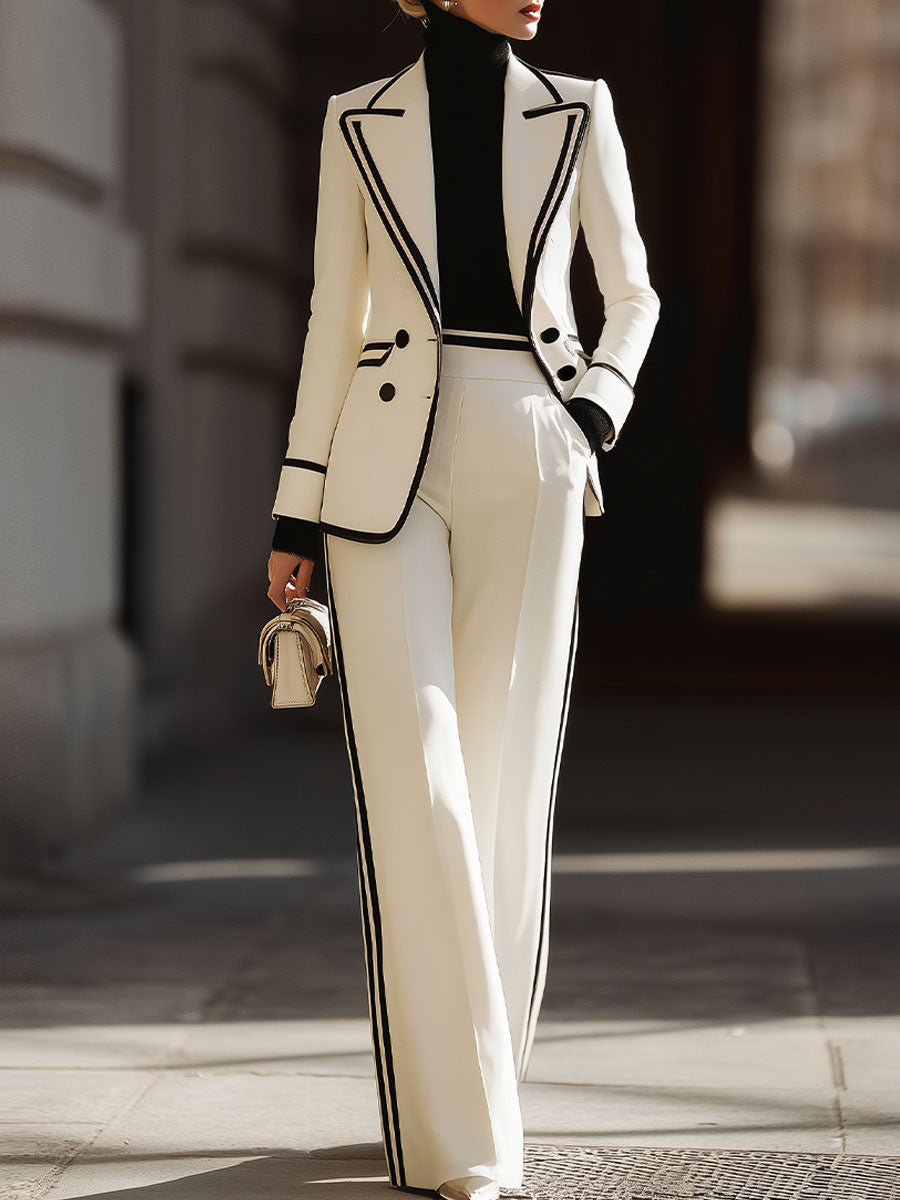 Elegant Suit Set | Double-Breasted Blazer with Contrast Trim | Chic Wide-Leg Trousers for Timeless Sophistication