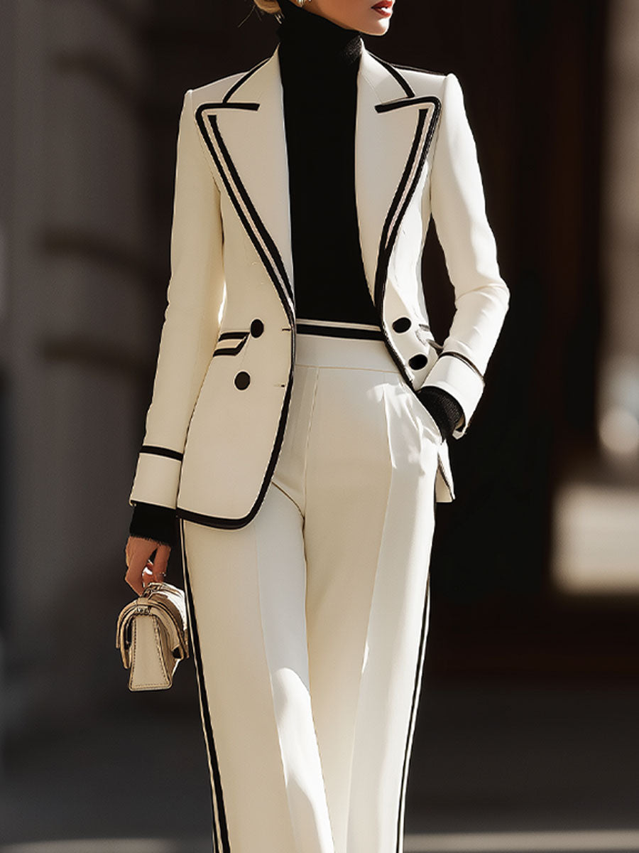 Elegant Suit Set | Double-Breasted Blazer with Contrast Trim | Chic Wide-Leg Trousers for Timeless Sophistication