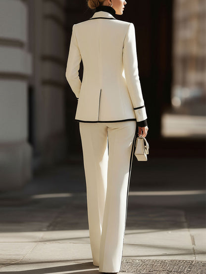 Elegant Suit Set | Double-Breasted Blazer with Contrast Trim | Chic Wide-Leg Trousers for Timeless Sophistication