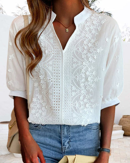 Elegant Summer Blouse | Women's Puff Sleeve Top with Embroidered Detailing | Versatile Style for Effortless Warm Weather Fashion