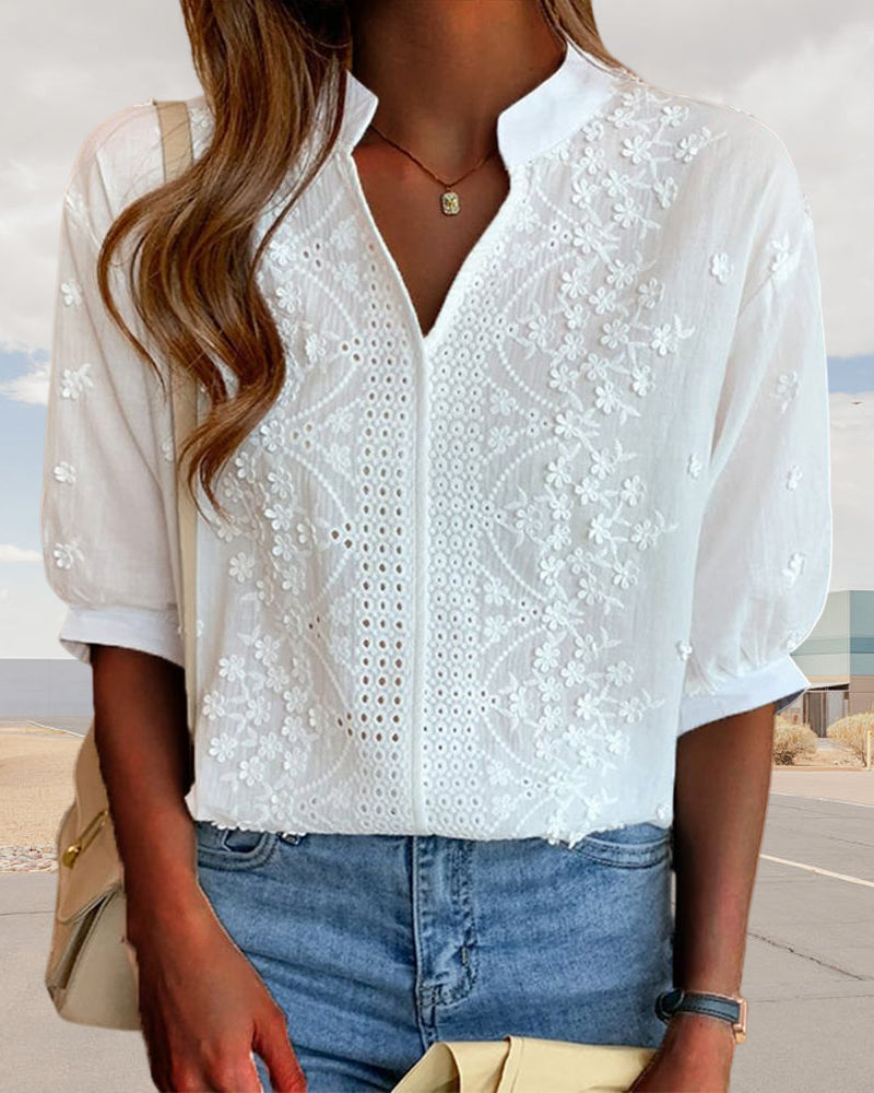 Elegant Summer Blouse | Women's Puff Sleeve Top with Embroidered Detailing | Versatile Style for Effortless Warm Weather Fashion