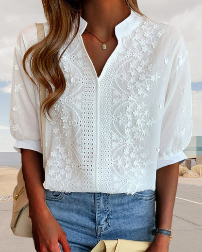 Elegant Summer Blouse | Women's Puff Sleeve Top with Embroidered Detailing | Versatile Style for Effortless Warm Weather Fashion
