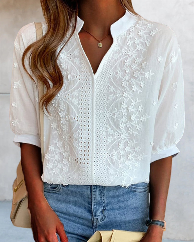 Elegant Summer Blouse | Women's Puff Sleeve Top with Embroidered Detailing | Versatile Style for Effortless Warm Weather Fashion