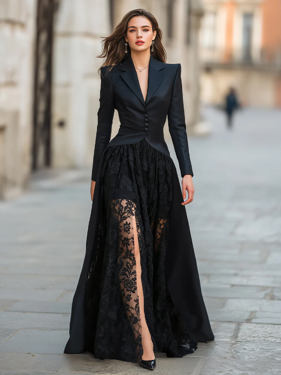 Elegant Tailored Blazer Gown Set with Lace Overlay & Thigh-High Slit for Sophisticated Style